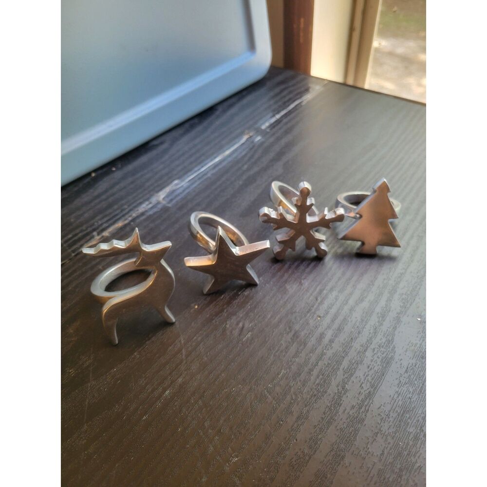 Silver Metal Christmas Napkin Rings Set of 4 Reindeer Star Snowflake Tree